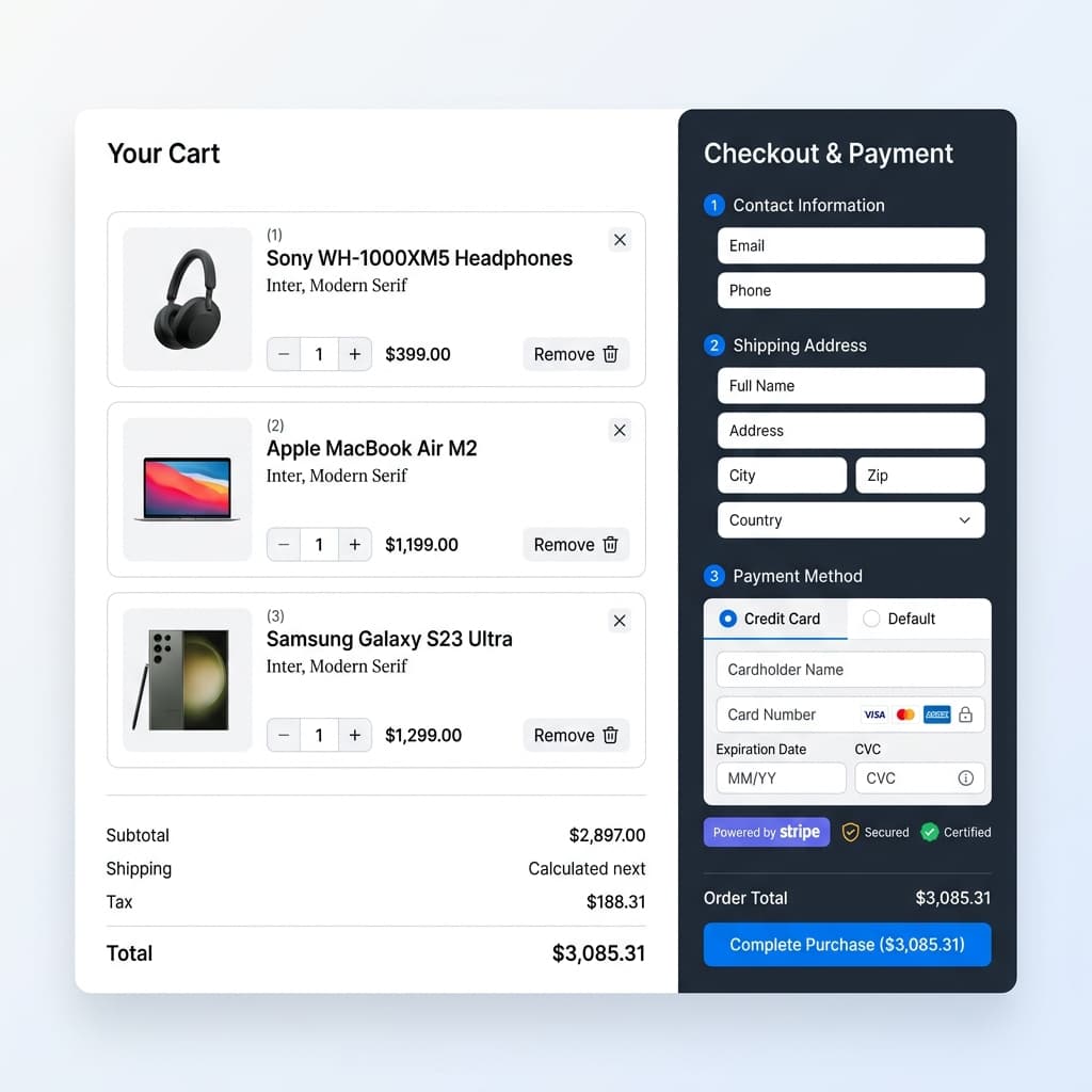 High-fidelity ThinkNShop headless commerce checkout interface mockup